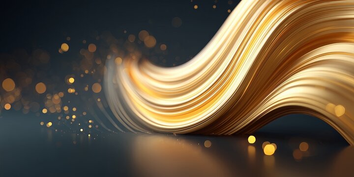 Flowing golden wave with shimmering particles creates a dynamic visual effect against a dark background, representing elegance and modern design in abstract art