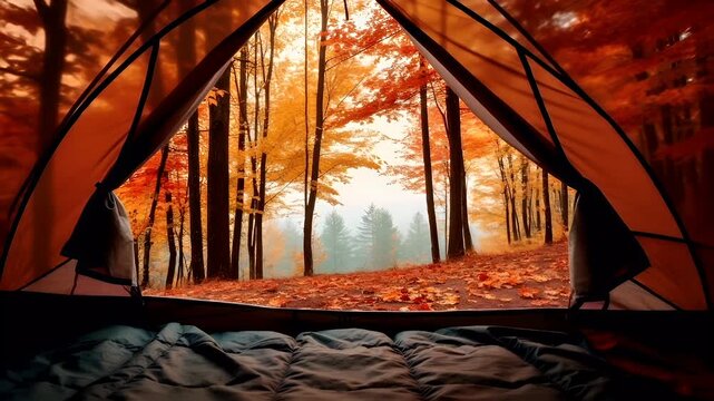 A tents interior reveals a serene forest scene during autumn, bathed in the warm hues of orange and red leaves.