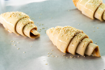 Caramel croissants. Puff pastry pastries. Croissants. Food concept