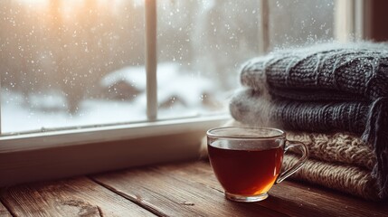 Cozy winter scene with a cup of tea, warm sweaters, and a snowy view from the window