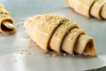 Caramel croissants. Puff pastry pastries. Croissants. Food concept