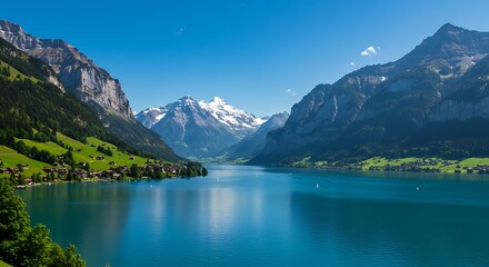 Stunning Alpine Lake Surrounded by Majestic Mountains Under a Clear Blue Sky.