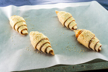 Caramel croissants. Puff pastry pastries. Croissants. Food concept