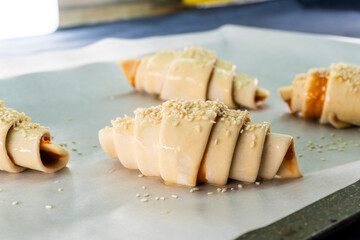 Caramel croissants. Puff pastry pastries. Croissants. Food concept