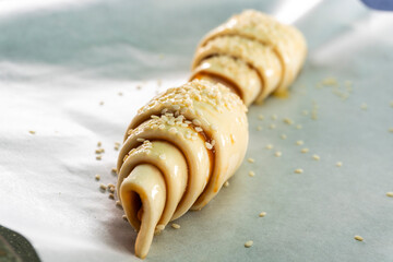 Caramel croissants. Puff pastry pastries. Croissants. Food concept