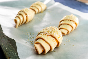 Caramel croissants. Puff pastry pastries. Croissants. Food concept