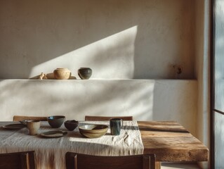 A table with a white tablecloth and a vase on it. There are several bowls and cups on the table