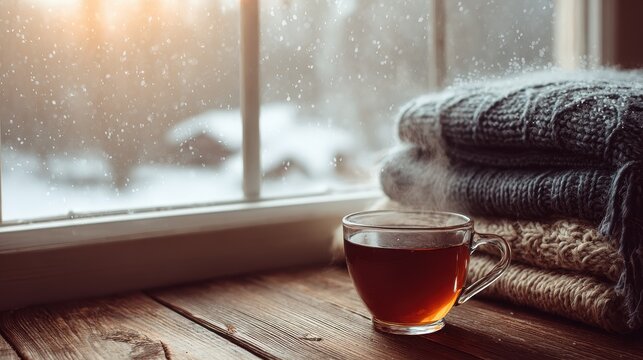 Fototapeta Cozy winter scene with a cup of tea, warm sweaters, and a snowy view from the window