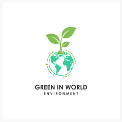 Green plant sprout growing from a stylized planet Earth globe icon. Eco-friendly vector logo concept for environmental and sustainable technology