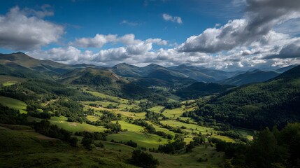 Rolling green mountain ranges display vast valleys under dramatic cloudy skies