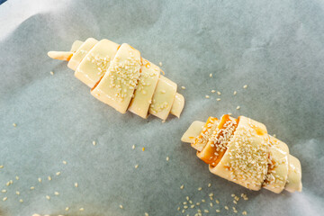 Caramel croissants. Puff pastry pastries. Croissants. Food concept