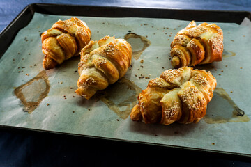 Caramel croissants. Puff pastry pastries. Croissants. Food concept