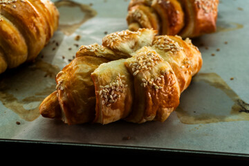 Caramel croissants. Puff pastry pastries. Croissants. Food concept