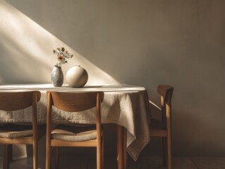 A table with a white tablecloth and four wooden chairs. A vase with flowers sits on the table