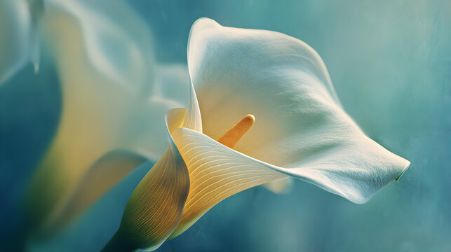 Elegant white calla lily flower against dreamy teal background, perfect for wedding, beauty, or spa related projects and designs