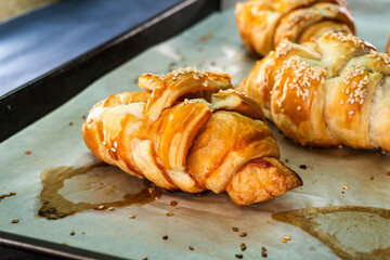 Caramel croissants. Puff pastry pastries. Croissants. Food concept