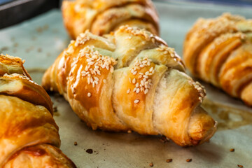 Caramel croissants. Puff pastry pastries. Croissants. Food concept