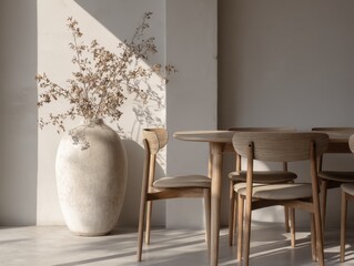 A white vase with flowers sits on a table. There are six chairs around the table. The chairs are wooden and arranged in a circle
