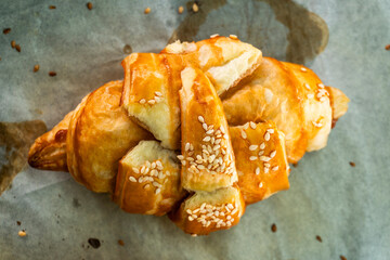 Caramel croissants. Puff pastry pastries. Croissants. Food concept