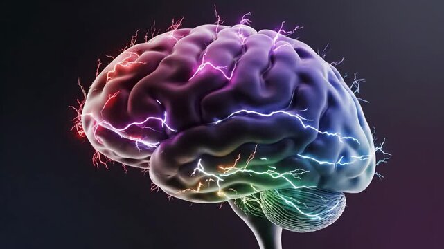 Abstract representation of a human brain rotating slowly against a dark gradient background. Bright blue, pink, and purple electric arcs and neural impulses flash over the brain's surface.