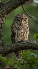 Obraz premium Sleepy Barred Owl Resting Peacefully on a Tree Branch in the Forest.