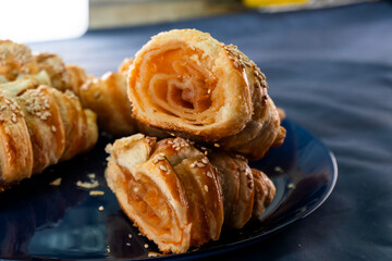 Caramel croissants. Puff pastry pastries. Croissants. Food concept