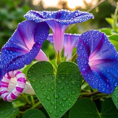 Morning Glory Flowers with Dewdrops - A Vibrant Floral Display.