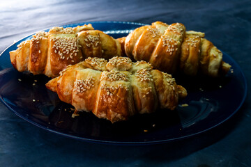 Caramel croissants. Puff pastry pastries. Croissants. Food concept