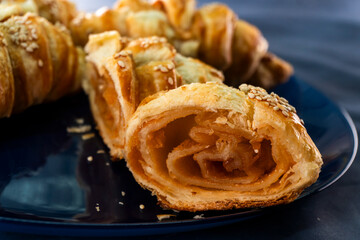 Caramel croissants. Puff pastry pastries. Croissants. Food concept