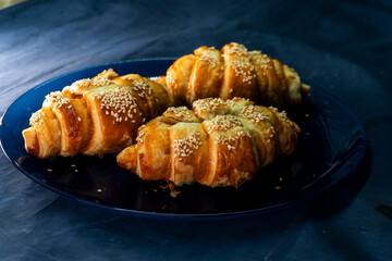 Caramel croissants. Puff pastry pastries. Croissants. Food concept