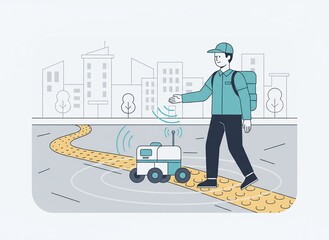 Delivery Man with Autonomous Robot in City Illustration.