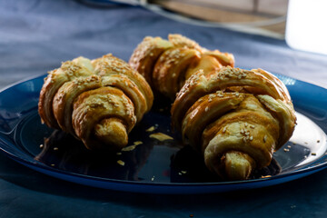 Caramel croissants. Puff pastry pastries. Croissants. Food concept