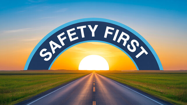 A road leading to the sun with safety first banner over it in a clear blue sky at sunset time