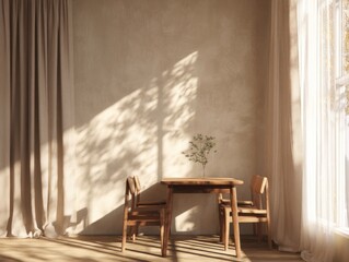 A table with two chairs and a plant in a vase. The table is in front of a wall