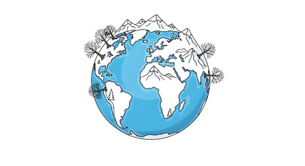 Doodle style winter concept globe illustration. Hand drawn Earth, bare trees, and snowy mountains.
