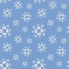 Vector seamless pattern with white snowflakes on soft blue background. Calm winter atmosphere, elegant and minimal design for gift wrap, fabric, baby textiles, cute wrapping paper, simple stationery