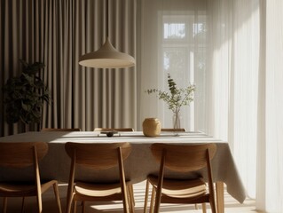 A table with a vase of flowers on it. There are four chairs around the table. The tablecloth is white