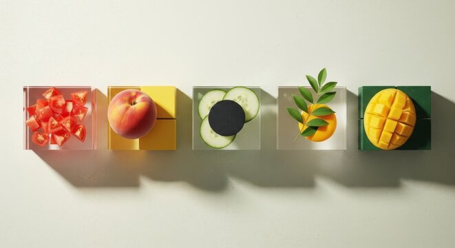 Vibrant assortment of fresh fruits and vegetables arranged in a linear sequence
