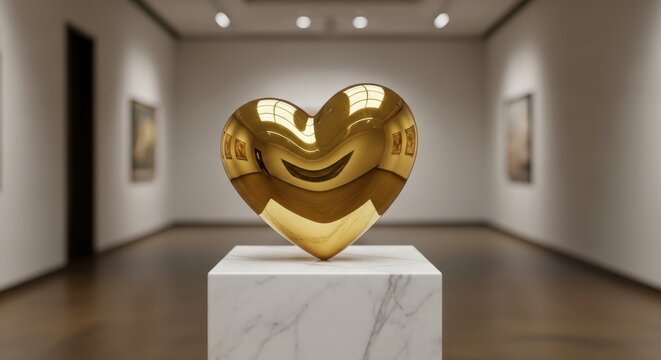 A contemporary golden heart sculpture on a marble plinth, a central piece in a modern art museum exhibition - Powered by Adobe