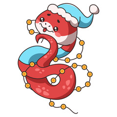Cute Kawaii Snake Character Wearing A Santa Hat And Wrapped In Christmas Lights With A Transparent Background