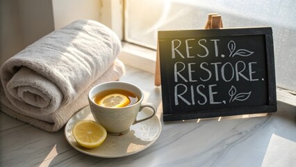 Lemon tea in cup beside folded towel and chalkboard