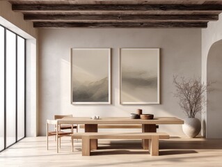 A large wooden dining table with two framed paintings on the wall. A vase is on the table