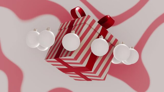 Horizontal 3d Christmas New Year gift box loop animation red ribbon bow stripes candy cane wrapping paper baubles ornaments matte glossy minimal modern festive winter background copy space banner
