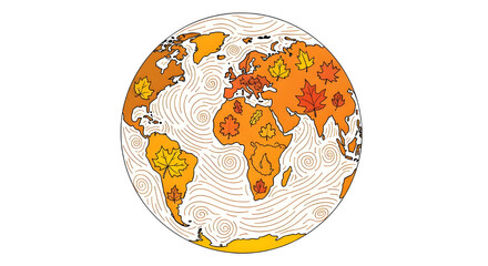 Hand Drawn Autumn World Map Doodle. Fall Season Globe Illustration on White Background.