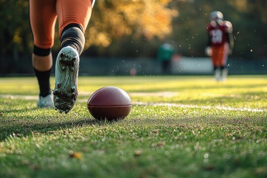 Close-up of an athlete's cleated foot about to kick an American football on a grass field with blurred players and sunlight in the background - Powered by Adobe