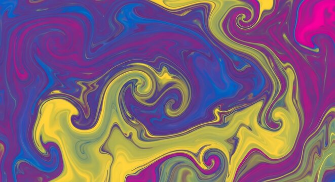 Vibrant yellow and purple swirls in a psychedelic fluid art abstract background. - Powered by Adobe