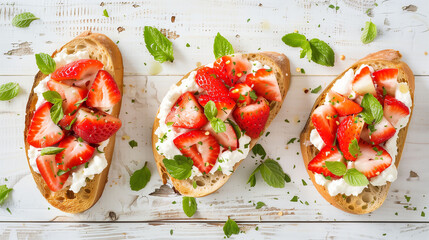 ricotta and strawberry toast, sweet and savory bruschetta, summer bruschetta with mint, chopped strawberry mint bruschetta