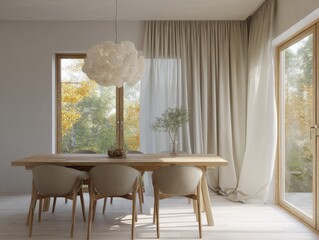 A table with four chairs and a vase of flowers. The table is in a room with white curtains and a window