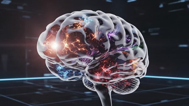 Translucent 3D model of a human brain rotating in a futuristic environment with a digital grid floor. Bright, multi-colored electric currents and neural activity flash inside the cerebrum. - Powered by Adobe