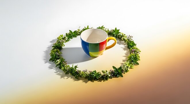 Vibrant Rainbow Mug Displayed on White Background Surrounded by Circle of Green Leaves and Small White Flowers Casting Shadows with Yellow and Brown Gradient Light